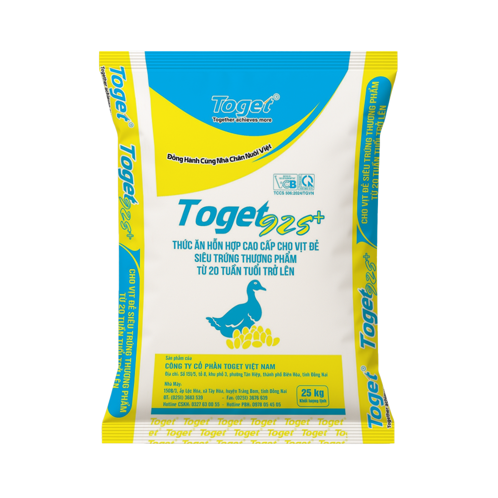Toget 92S+ | Thức Ăn Hỗn Hợp Cao Cấp Cho Vịt Đẻ Siêu Trứng Thương Phẩm Từ 20 Tuần Tuổi Trở Lên